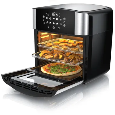 Arendo Heißluftfritteuse 16L, Multifunktionsofen 1800W mit 10 Programmen, Airfryer mit Frittierbehälter, Trommelkorb & Drehspieß, BPA-frei, Edelstahl/Schwarz