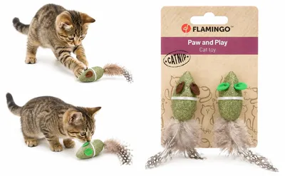 Productafbeelding van Flamingo speelgoed, kattenmuis met veren, groen, 11,5 x 2,5 x 2,5 cm