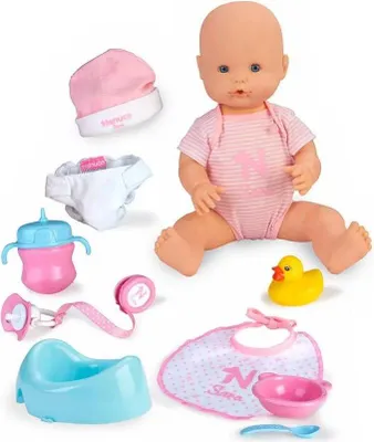 A collection of baby doll accessories and a baby doll are arranged on a white background.