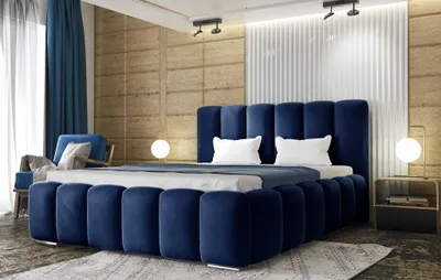 Produktbild von AGMAT Polsterbett BALI mit Kopfteil, 160 x 200 cm, Doppelbett mit Bettkasten und Lattenrost aus Metall, Velourstoff: Blau