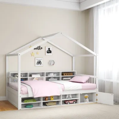 Produktbild von GOPLUS Holzbett 90 x 200 cm, Kinderbett mit Rausfallschutz & Llattenrost, Bodenbett mit Stauraum, Jungendbett