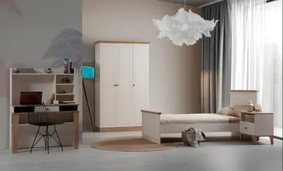 Productafbeelding van Beige slaapkamer set. Robuust bed. Design bureau