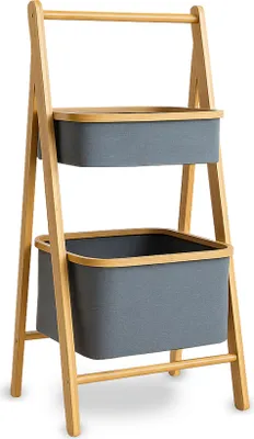 Image de Étagère de rangement en bambou avec 2 paniers en tissu gris 45x34x97cm