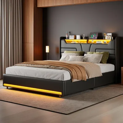 Obrázek produktu pro UnboxG čalouněná postel 140x190 cm s úložným prostorem, LED a USB, manželská postel z černéPolyuretankůže s úložným prostorem a roštem