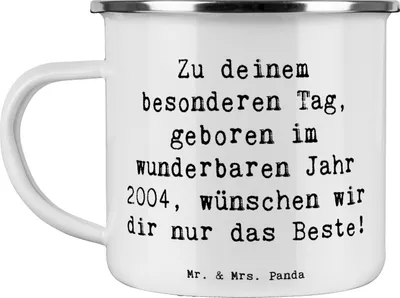 Produktbild von Mr. & Mrs. Panda Pott Spruch 2004 Geburtstag - Weiß - Geschenk, Glückwunsch, Happy Birthday, Geburtstagsgeschenk, Outdoor Tasse, Herzliche Grüße, becher emaille, Teetasse