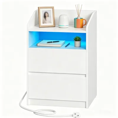 Produktbild von Nachttisch, Beistelltisch mit 2 Schubladen, 2 AC-Steckdosen, 2 USB-A-Anschlüsse, LED-Beleuchtung, Offenes Fach, Modern, Schlafzimmer, Wohnzimmer