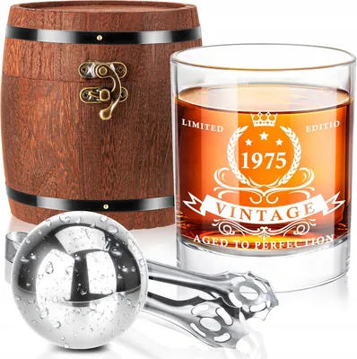 Zdjęcie produktu dla Szklanka do Whisky 1975 Prezent Urodzinowy z Beczką i Pudełkiem