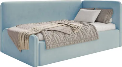 Image de Selsey Fanko – Lit pour adolescent 90 x 200 cm avec tête de lit à droite, velours, bleu clair