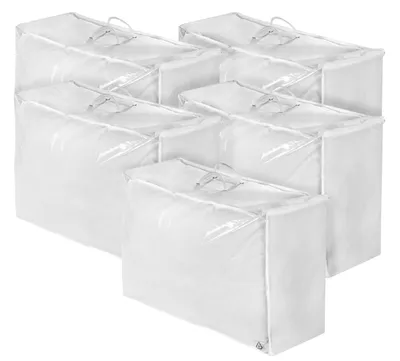 A set of white storage bags for bedding.