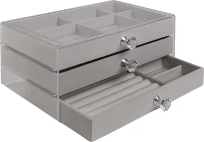 Produktbild von Intirilife Schmuckkästchen mit 3 Schubladen in Grau - 23.5 x 15 x 10.5 cm - Schmuckschatulle für Ringe Armbänder Ohrringe Ketten Aufbewahrungsbox Organizer Schmuckbeutel