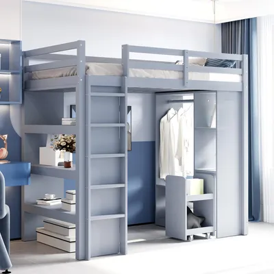 A modern loft bed with integrated shelving and a wardrobe in a child's bedroom.