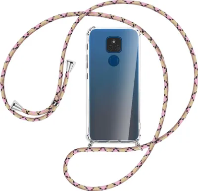 Produktbild von Handykette Backcover-Schutzhülle mit Band (Metall silberfarben) für Motorola Moto E7 Plus - rosa Karo