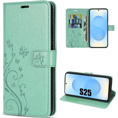 Image de Coque pour Samsung Galaxy S25, Protection Rabat Cuir Synthétique Antichoc Vert Motif Papillon Fleurs