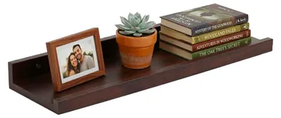 Immagine prodotto di Mensola da parete Relaxdays, A x L x P: 5 x 50 x 15 cm, legno di noce, mensola sospesa per cornici, decorazioni, binario per quadri da parete, marrone scuro