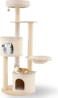 Image de COSTWAY Arbre à chat 152cm Grand, Arbre à chat avec 2 cavités pour chats, panier, poteau à griffer en sisal, balle de jeu & plateforme, Arbre à chat , Arbre à grimper bois naturel
