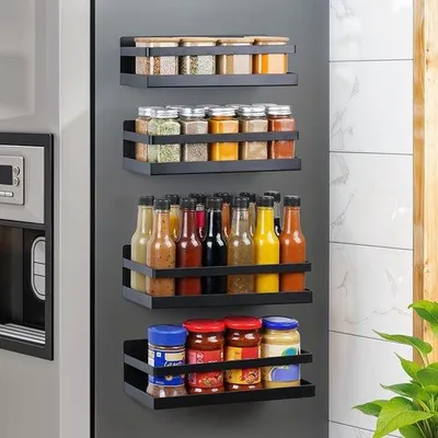 Produktbild von Unyqoos® Magnetisches 4‑teiliges Kräuterregal-Set Schwarz – platzsparend am Kühlschrank, 2×11×28×8,5 cm / 2×10×27×8 cm, bis 3,5/2,5 kg