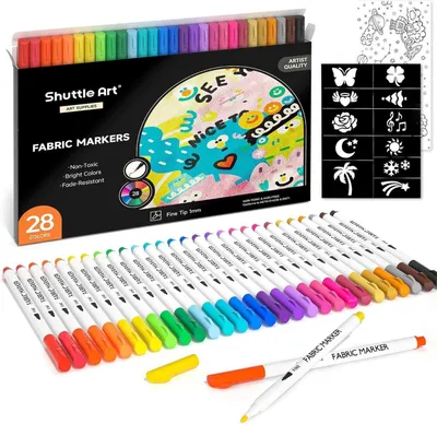 Produktbild von Textilstifte Set 28 Farben, waschmaschinenfest, mit Vorlagen und Leinwand, Stoffmarker für Kleidung, Schuhe, DIY