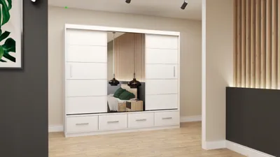 Produktbild von Easy4You Florence Weiß Schiebetürenschrank Glänzend Kleiderschrank 250x218x61 cm mit Spiegel - Schlafzimmermöbel, Aufbewahrung – Mehrzweckschrank mit 4 Schubladen und 4 Kleiderstangen
