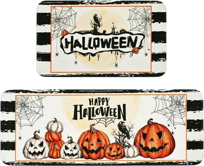 Produktbild von Halloween-Küchenmatten für den Boden, rutschfeste Halloween-Kürbis-Küchenteppiche im 2er-Set, saugfähige Spinnennetz-Küchenmatten, waschbar, Halloween-Dekor-Idee, Geschenk