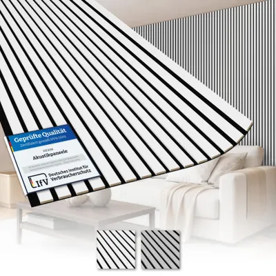 Produktbild von AKUSTIKO Lamella Akustikpaneele 280x60cm - Weiß & Grau, flexible Filz MDF Wandpaneele fugenlos - überlappende Holz Lamellenwand