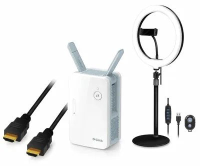 Image de Kit d'éclairage de studio (3 pièces) – Répéteur WiFi 6, anneau lumineux de 25 cm et câble HDMI 8K de 5 m