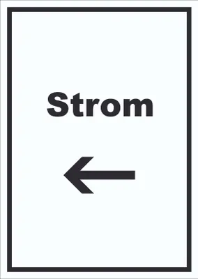 Produktbild von Strom Schild mit Text und Richtungspfeil links Anschluss hochkant A1 Rückseite selbstklebend