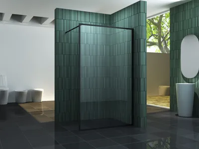 A modern bathroom with a glass shower enclosure, sink, and toilet.
