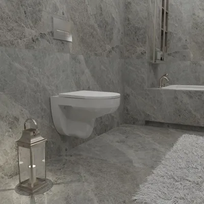 A modern bathroom with a wall-mounted toilet, marble-effect tiles, and a decorative lantern.