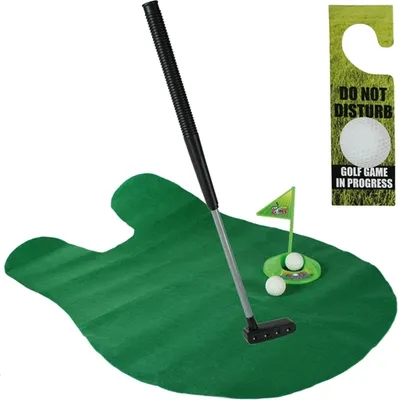 A miniature golf set with a putting green, putter, golf balls, and a flag, along with a 'Do Not Disturb' door hanger.