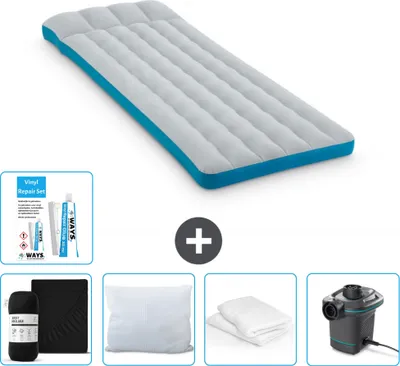 Produktbild von Intex Campingmatte – Französisches Bett – 72 x 189 x 20 cm – Blau – im Lieferumfang enthalten Spannbettuch - Küssen - Pumpe - Reperaturset en Kissenschutz