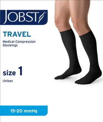 Produktbild von JOBST Travel Reisestrümpfe für Damen und Herren - hilft, Reisethrombosen vorzubeugen - weich, atmungsaktiv dank 33% Baumwollanteil, Schwarz, Size 1