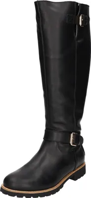 A single black leather boot is shown against a white background.