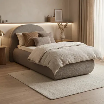 Produktbild von BEAUTYSOFA | Polsterbett MOTTI 90x200 cm - Einzelbett mit Bettkasten und gepolstertem Kopfteil - Bouclé Cappuccino