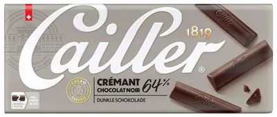 Produktbild von Cailler Crémant 64%, dunkle Schokolade, 100 g, 474 kJ, 114 kcal, 8,1 g, 7,5 g