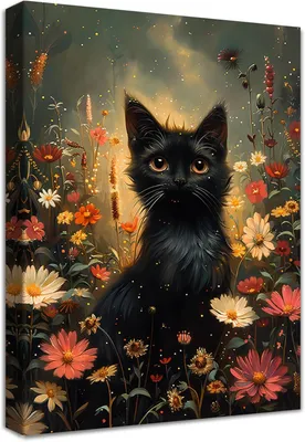 Produktbild von Bild auf Leinwand Schwarze Katze in Blumen Dekorativer Stilvoll 40x60 cm