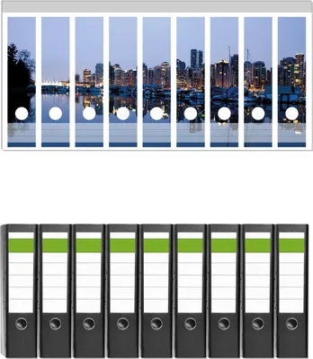 Produktbild von Wallario 9 Stück breite Ordner inkl. Klebeetiketten mit Motive Skyline von Vancouver -  Set mit Rückenschildern / Ordnerrücken Stickern