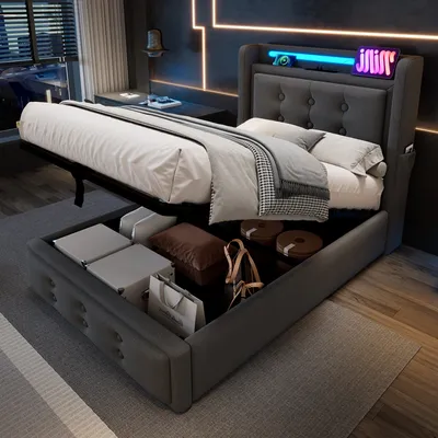 Produktbild von MODFU Boxspringbett Hydraulisches 90x200 cm mit LED-Beleuchtung, Polsterbett Funktionelles mit USB-Ladeanschluss, Stauraumbett mit Bettkasten Stauraum, Grau(Ohne Matratze)