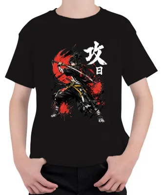 Produktbild von Samurai Katana Japan Rote Sonne Anime Manga Ronin Y2K Bushido Kinder T-Shirt, Schwarz, 140