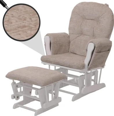 Zdjęcie produktu dla Fotel Relax HWC-C76, fotel bujany ze stołkiem tkanina szenilowa (465g/m²) Oeko-Tex ~ kremowy, biała rama