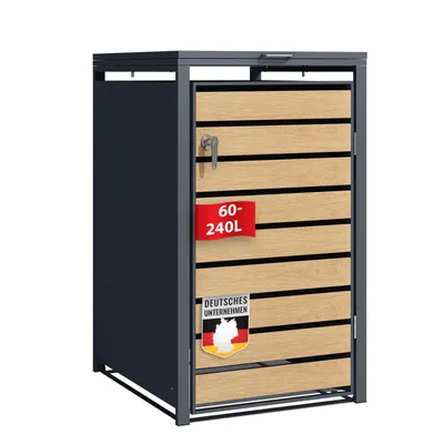 Produktbild von Mülltonnenbox Johan Anthrazitfarbene Mülltonnenverkleidung mit Holzdekor für 1 Tonne