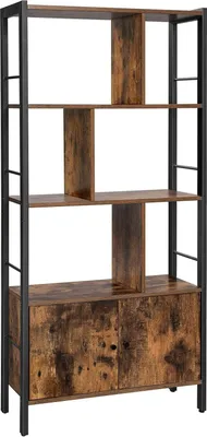 A tall, narrow bookshelf with a rustic wood finish and black metal frame, shown against a white background.