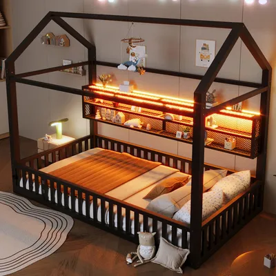 Obrázek produktu pro MODFU Dětská postel 90x200, domečková postel s LED osvětlením, mládežnické lůžko s kovovým rámem a zábradlím, bez matrace, černá