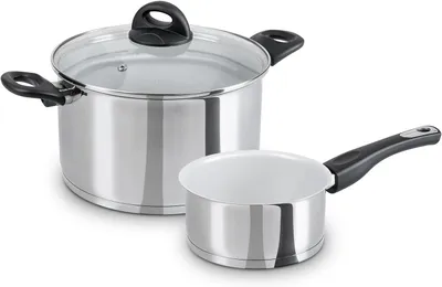 Produktbild von Genius Kochgeschirr-Set aus Edelstahl, 3-teilig, 24 cm Kochtopf mit Glasdeckel und 16 cm Stielkasserolle mit Schüttrand - Antihaft-Topfset für alle Herdarten