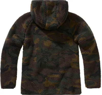 Back view of a camouflage hooded jacket.