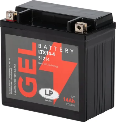 A black motorcycle battery with a prominent red 'GEL' logo and other product details.