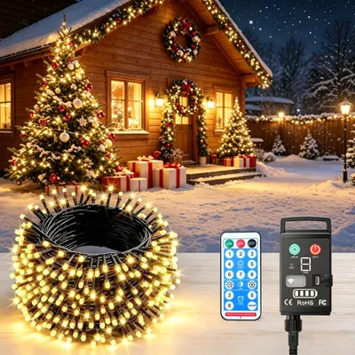 LED-Lichterkette, 10 m, 100 LEDs, warmweiß, USB-wiederaufladbar, 8 Modi
