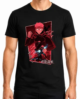 Imagen del producto de Camiseta negra para hombre, diseño de anime "Jujutsu Kaisen", con la imagen de Itadori Yuji, estilo oscuro y con llamas. Talla L