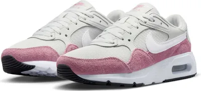 A pair of Nike Air Max SC sneakers in platinum tint and white with pink accents.
