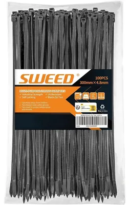 Produktbild von Kabelbinder schwarz 300mm 100 Stück UV-beständig 4.8mm Breite 22kg Zugfestigkeit