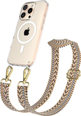 Produktbild von EAZY CASE - Handykette mit MagSafe Hülle für Apple iPhone 16 Pro, Handyband ZigZag Style,Karabiner Gold, Umhängeband in Braun